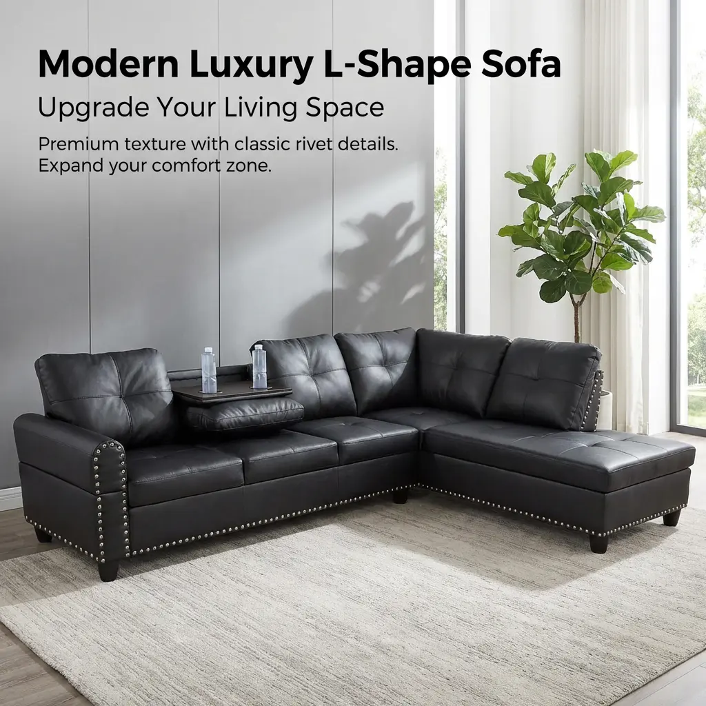 Modern Luxury L-Shape Sectional Couch Set, PU/Linen-Cotton Blend, Double Layers Springs, High Density Sponge, Wear-Resistant Solid Wood Anti-Insect Design for Living Room Furniture Sofas Living Room Ultimate Comfort