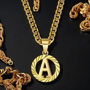 Gold Letter Necklace 14K Gold Plated Round Pendant Hollow Uppercase Floral Font 5mm Cuban Chain Unisex All A-Z Letters Available Miami Cuban Chain Gifts for Couples