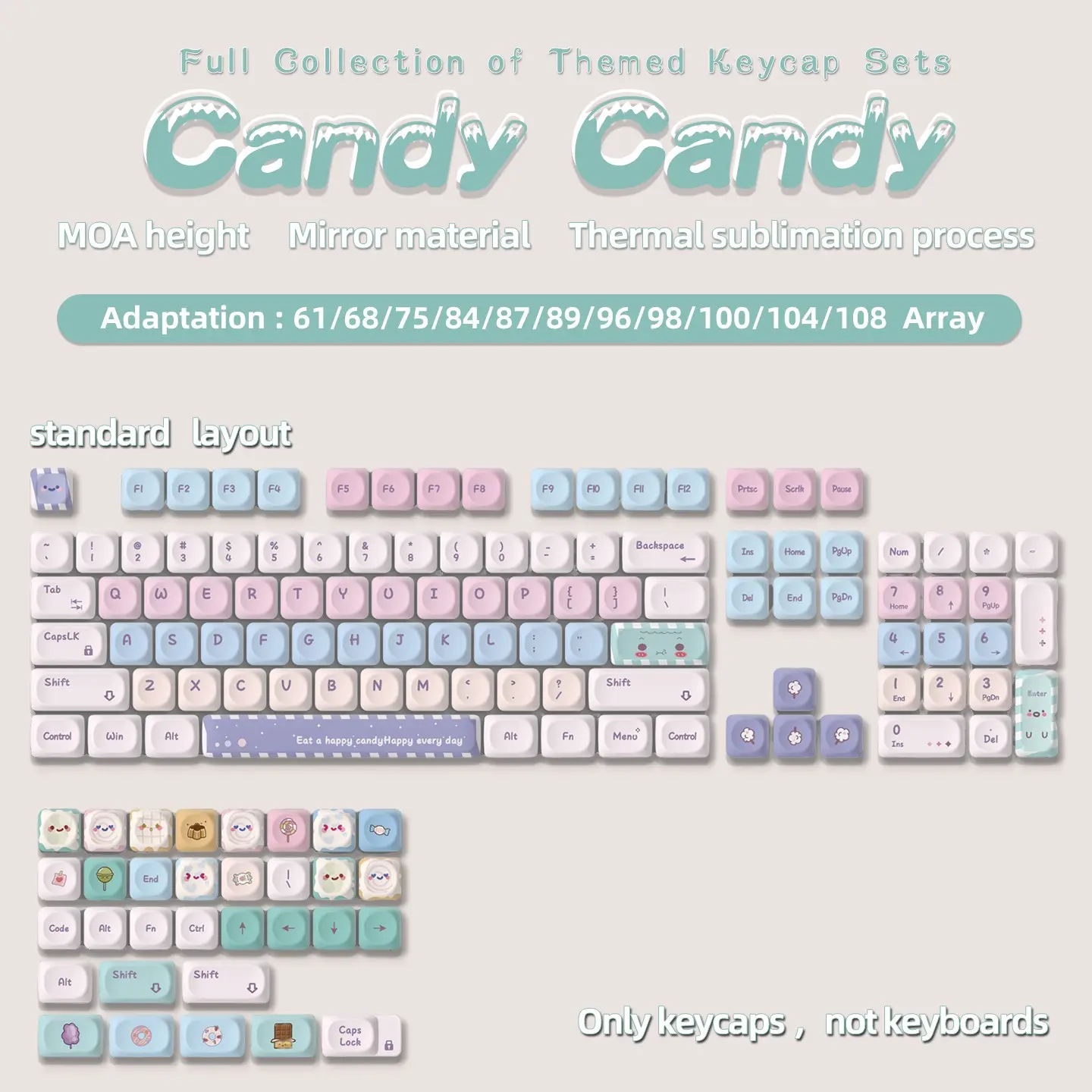 136 Key Candy Theme Mirror Surface Pbt Sublimation Keycap Sets, High Moa Height, Compatible with 61/87/96/98/104/108 Layouts, Non-Keyboard Item