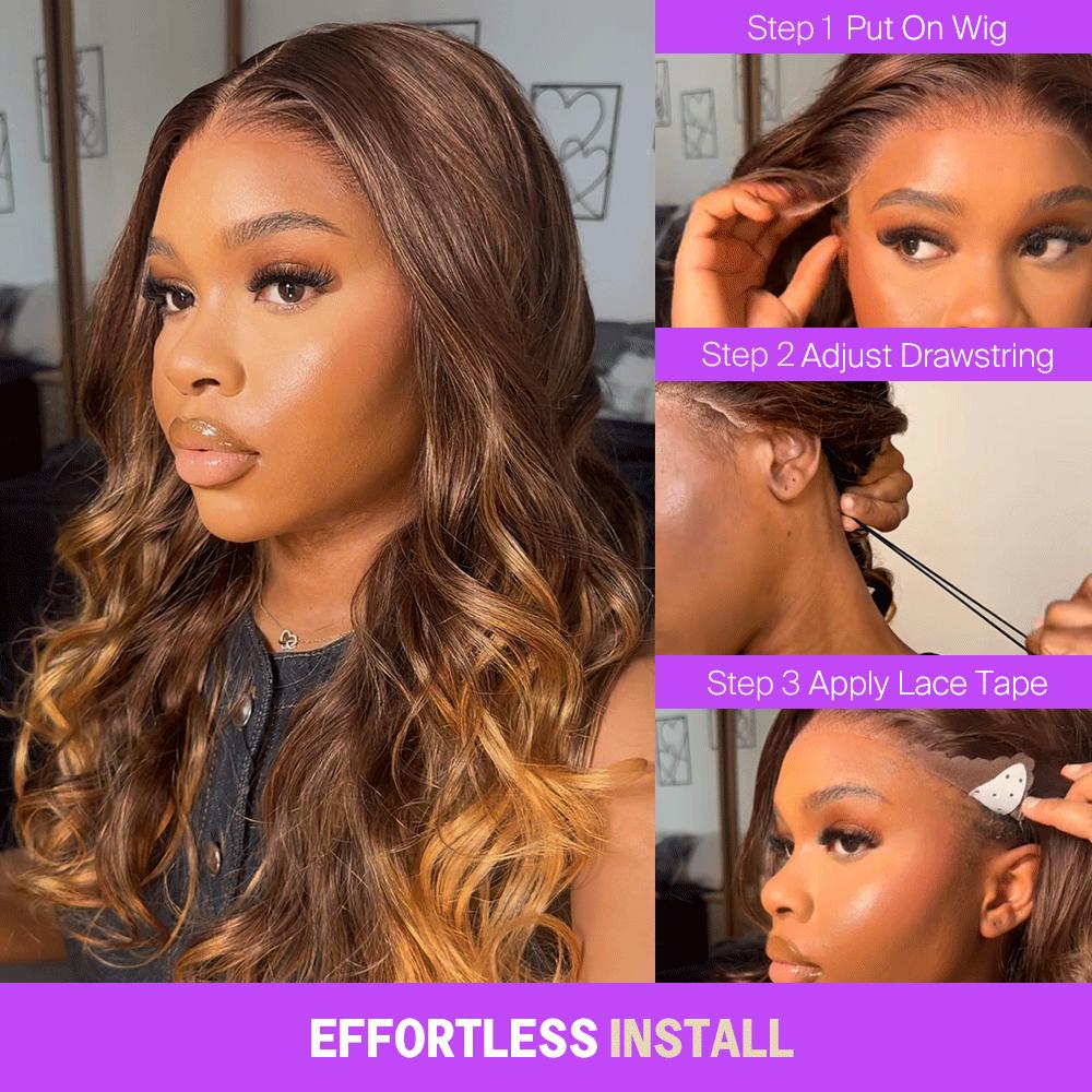 Megalook 24inch Ombre Brown Upgrade 13x6 Three-Go Glueless Wig Color #N53 Fitted Pre-Styled Parting Breathable Dome Cap Free Lace Front 100% Human Hair Wig 320℉ Heat Resistant Vintage Women Black SpringStatements