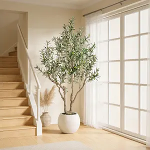 Exquisite artificial olive tree, 7 feet/8 feet tall, with a 16-inch round white pot, decorated with delicate moss, artificial plants, a natural wood trunk, and lifelike fruit. Ideal for home and office decor.