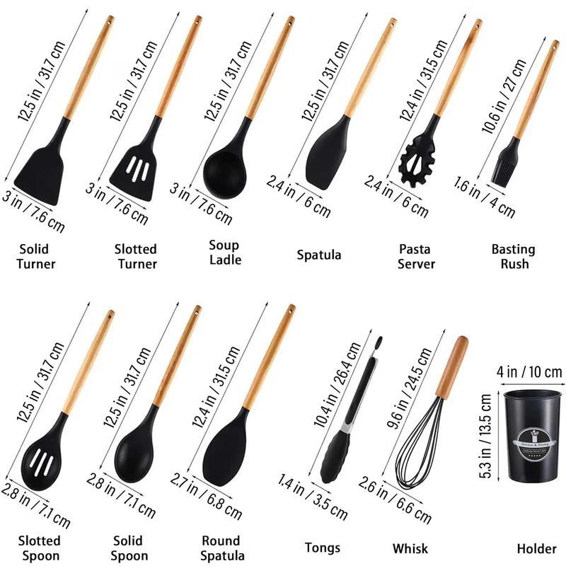 Wooden handle silicone kitchenware 12-piece set with round storage bucket, including non-stick spatula, spoon and blender, etc., perfect for Christmas,  Easter gifting. silicone kitchenware Set with Baking Tool. Utility. Cookware Kitchen Utensil Set