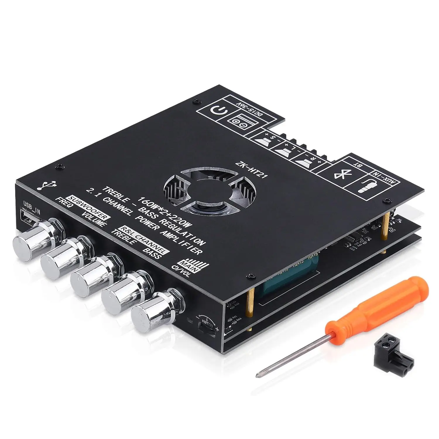 ZK-HT21 Bluetooth Audio Stereo Amplifier Board Kit - 2.1 Channel Mini Module Receiver with TDA7498E HiFi Chips, 160W*2 + 220W Subwoofer Power, BT/USB/AUX Inputs, DC15-36V, Protection for DIY Home Speakers