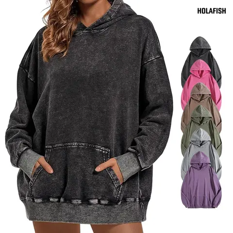 Holafish Women's Oversized Hoodies Pullover Women Fall Acid Wash Plain Preppy Hoodie Streetwear Vintage Hooded Sweatshirt