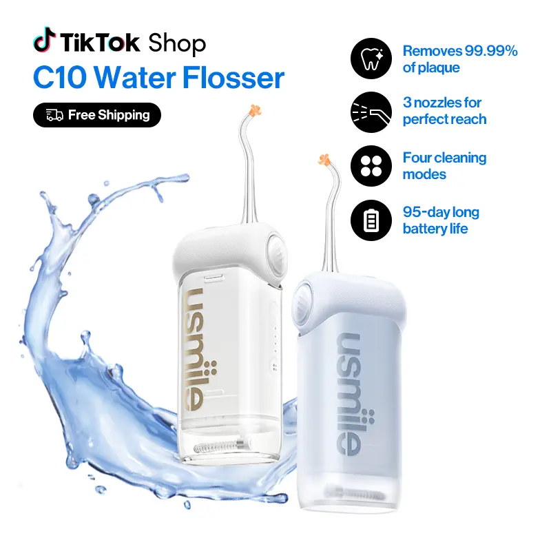 usmile C10 Water Flosser Oral Irrigators, Cleansing Tool with 99% Plaque Removal, 3 Nozzles for Full Oral Care, 95-Day Battery Life, IPX7 Waterproof, Ideal for Fresh Breath & Gum Care