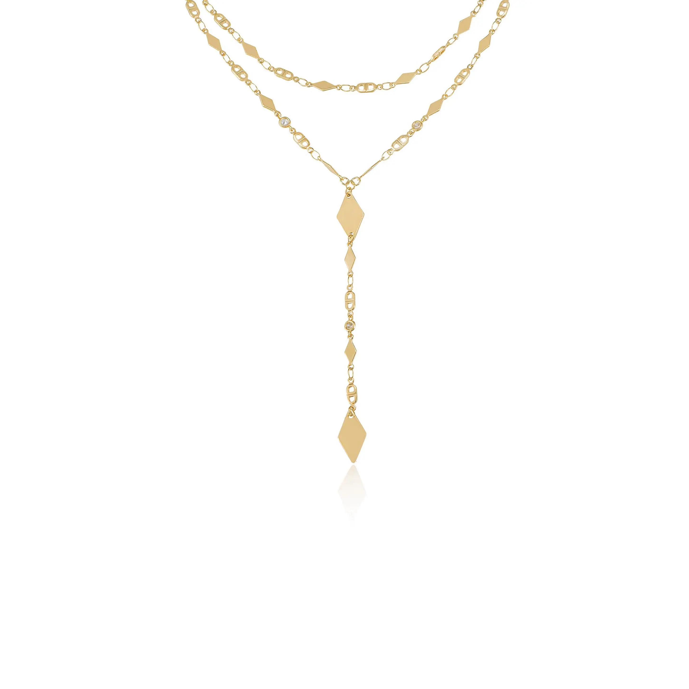 Augustine Layered Lariat Necklace – 18K Gold Plated / Rhodium, Double Layer Chain with Drop, Adjustable Length Statement Jewelry for Women