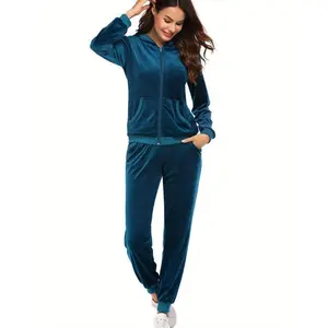 Womens Casual Velvet Tracksuit Set Full Zipper Hoodie Long Workout Pants Tracksuit Jogging Suits
