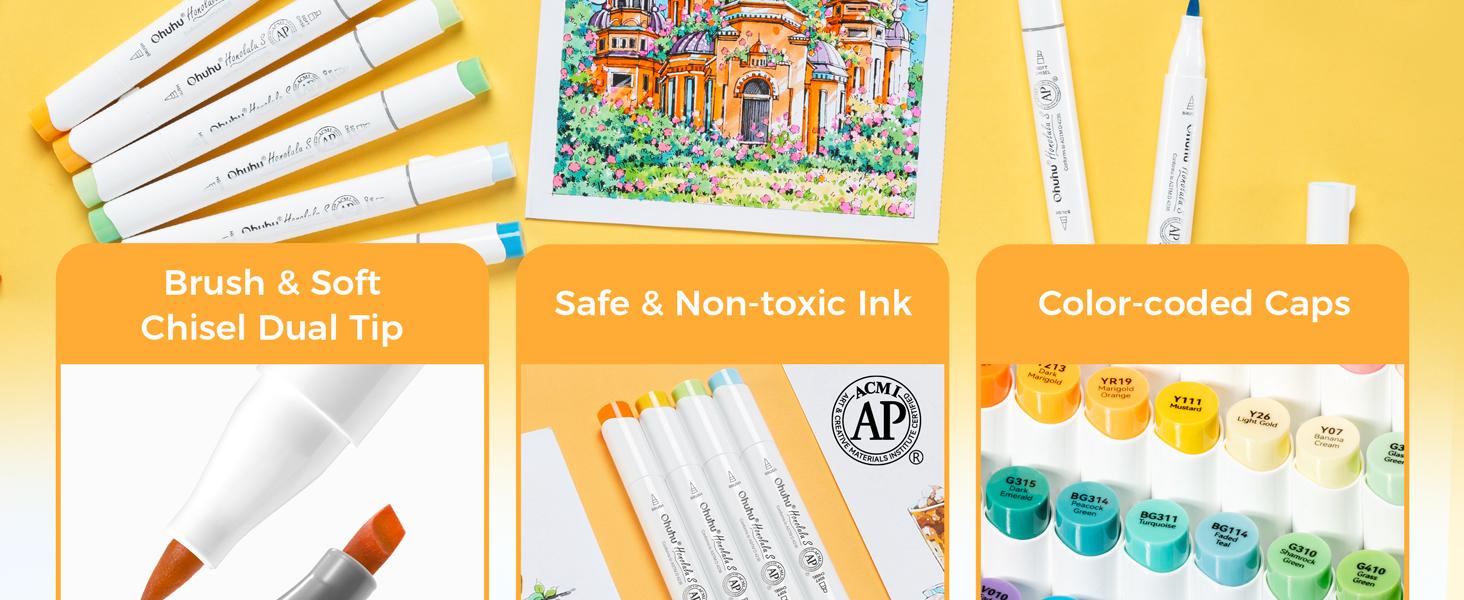 Ohuhu Alcohol Markers: Brush & Soft Chisel - 48-color - Dual Tips Drawing Markers for Artists Beginners Adults Coloring Illustration Sketching- Soft Chisel Red Dot Design Award Winner - Honolulu S Series of Ohuhuart