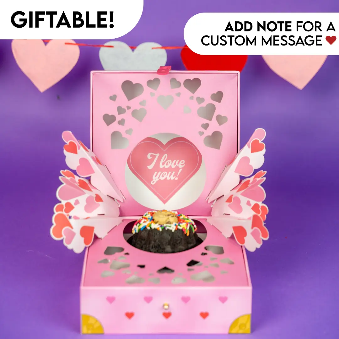 Sweet Hearts Box By Send A Cake - Beautiful Gift Box featuring a Chocolate Chip Cake, Beautiful Keepsake Box, and an array of fold out pop up Paper Hearts - A delightful birthday, anniversary, or just because gift set!