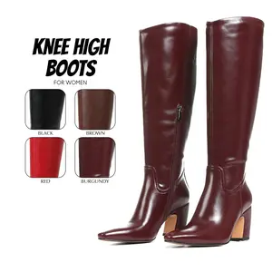 Knee High Boots for Womens Square Toe Chunky Block Heels Side Zipper Comfy Tall Long Wide Calf Pull On Warm Cozy Outdoor Party Work Casual Dailywear Leather Fall Spring Summer Fashion Boots