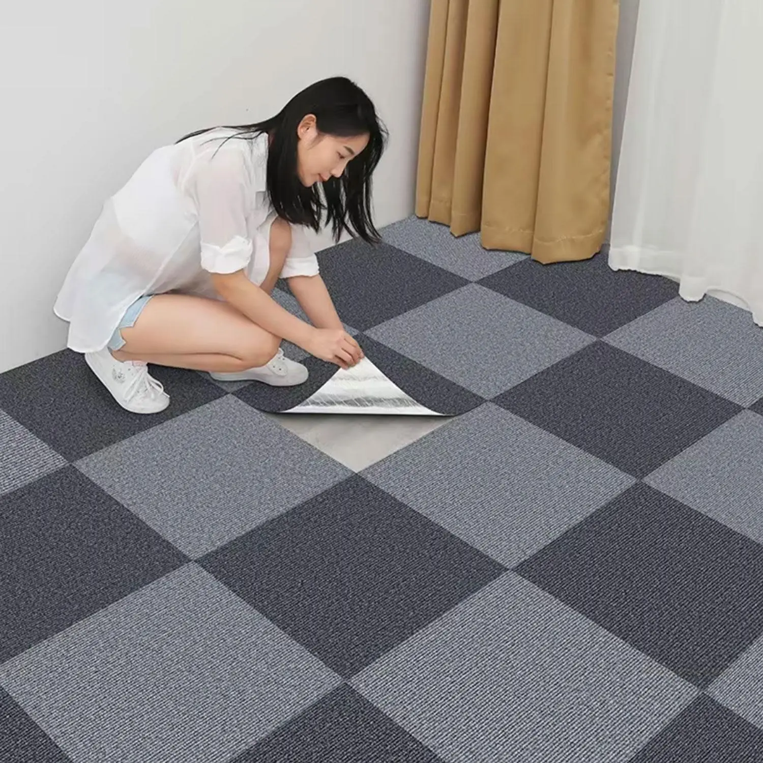 20pcs detachable carpet tiles, soft and anti-slip adhesive floor tiles, DIY can be cut into square reusable carpet blocks, suitable for living rooms and bedrooms, Checkered Rug, Non Slip Rugs