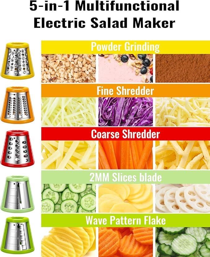 Electric Rotary Grater Salad Shooter - 5-In-1 Multi-Functional Cheese Grater with Safety Push Bar, One-Touch Operation, and Interchangeable Cones Vegetable Slicer Vegetable Cutter Kitchen Utensils small kitchen gadgets