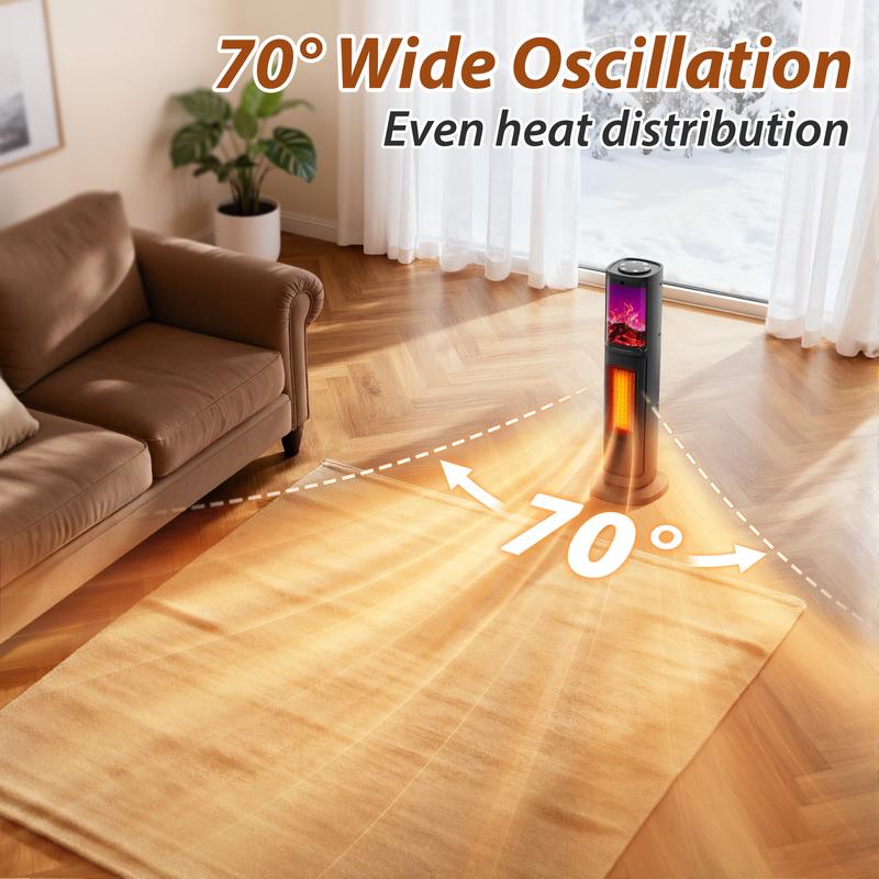 Portable Tower Electric Indoor Fireplace Heater with 3D Realistic Flame, 70° Oscillation for Bedroom, Living Room, Homeowners & Office Workers
