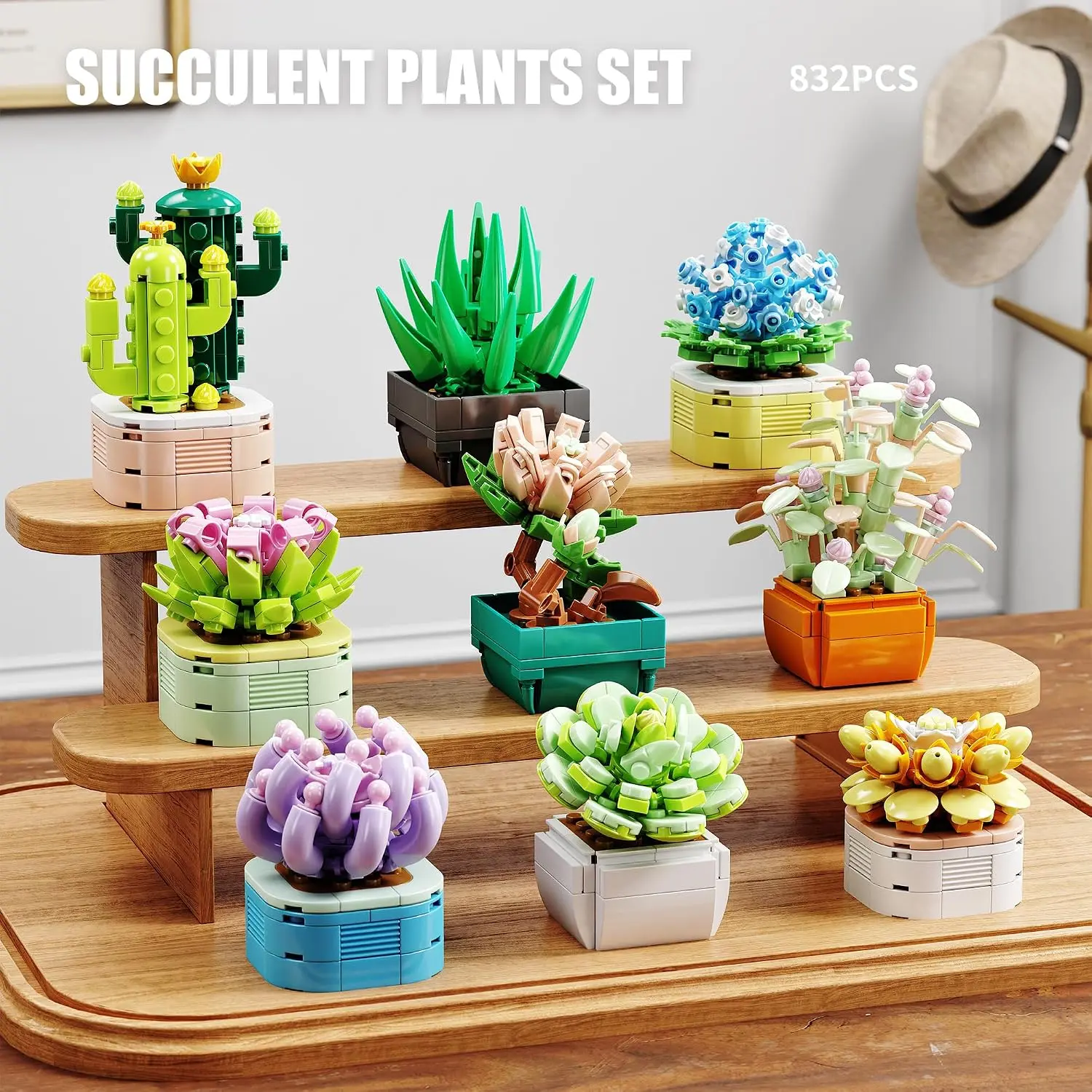 Jyrue Unisex 9-Pack Tiny Flower Succulents Building Set, 832PCS ABS Plastic Botanical Theme Collection, Lego-Compatible Creative Toy, Home Decor, Gift Ideas for Ages 6+ Adults living space