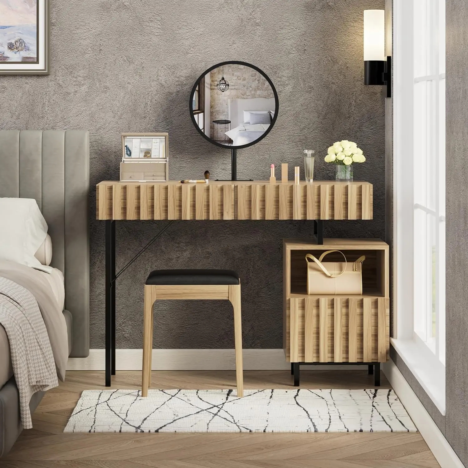 Stylish Makeup Vanity Desk with Mirror & Storage Drawers – Wood Dresser Cabinet for Bedroom, Space-Saving Chest for Small Spaces, Perfect for Teen Girls & Young Women
