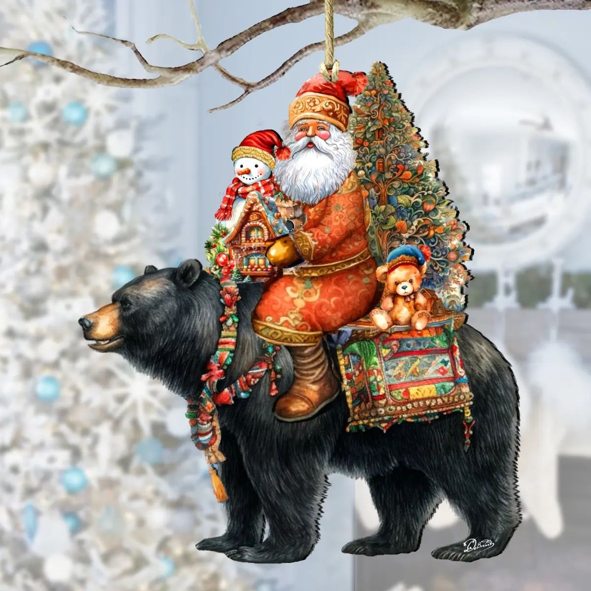 Designocracy 8611064 Artistic Wooden Christmas Ornaments - 5x5.5x0.25 in Santa Claus on Black Bear, Collectibles, Festive Home Decoration, Holiday Gift, Vintage Christmas Decor, Festival Style Christmas Decor
