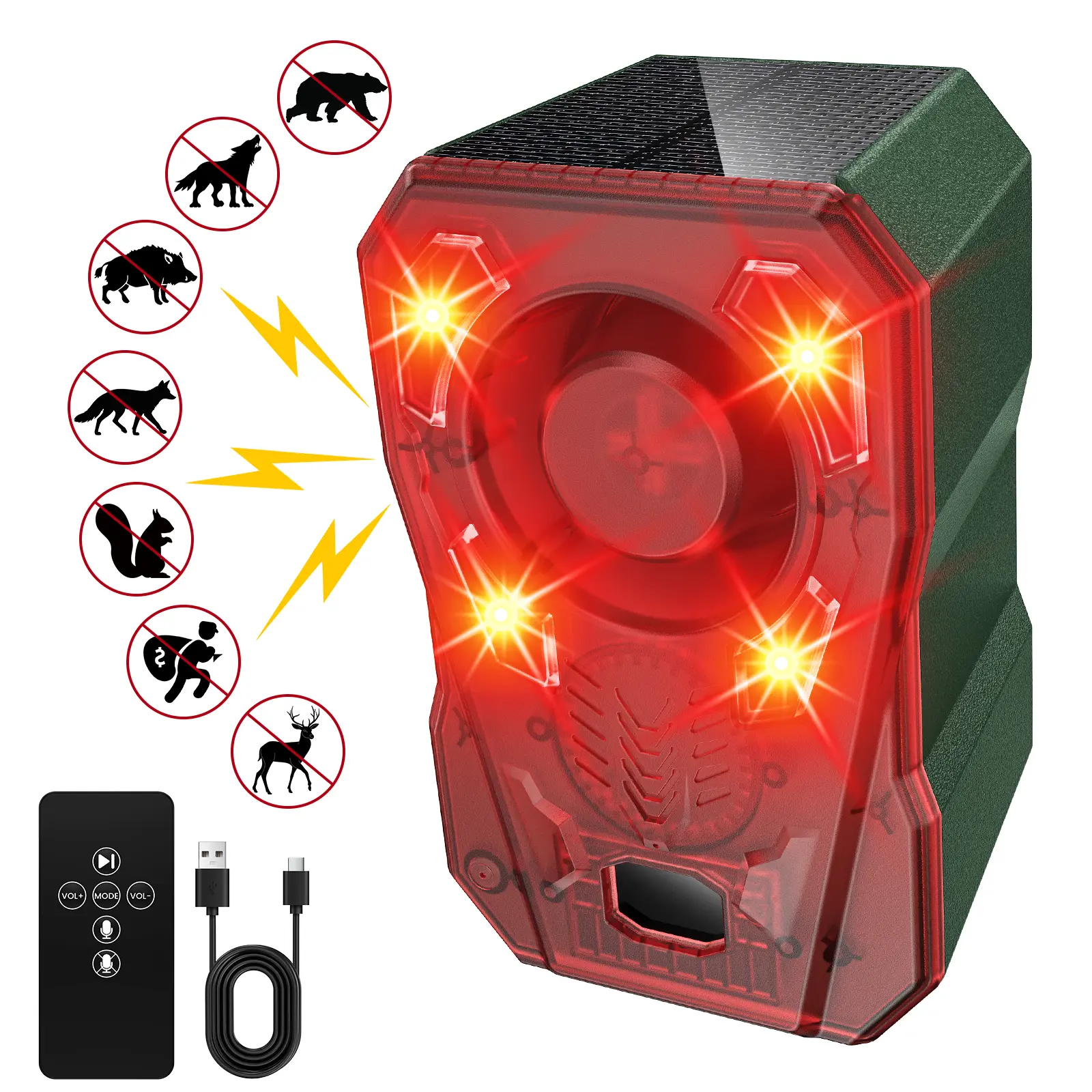 YoungSa Outdoor Solar-Powered Animal Repeller - 2000mAh USB Rechargeable, Motion Sensor Lights, 130dB Loud Alarm, Strobe Flash, IP65 Waterproof, 10 Alarm Sounds, Custom Voice Recording, Farm Bird Control, Repels Squirrels, Deer, Cats, Skunks, Dogs, Outdoo