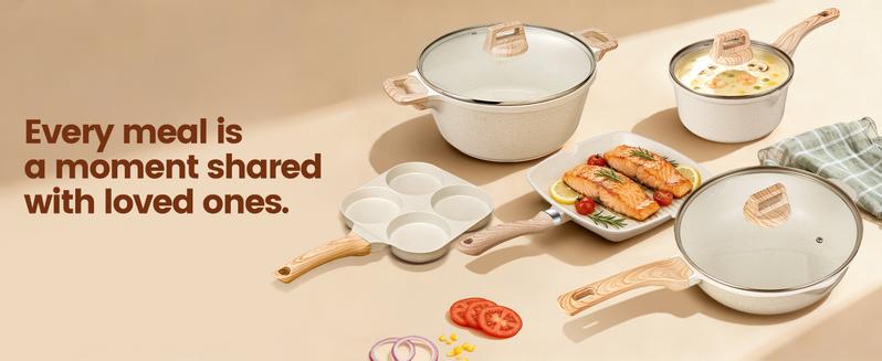 27PCS Pots and Pans Set, Nonstick Ceramic Cookware Set, Healthy Kitchen Cooking Set with Gloves, Apron, Silicone Tools & Pot Protectors, Oven & Dishwasher Safe, PFOA/PFOS Free，Ivory