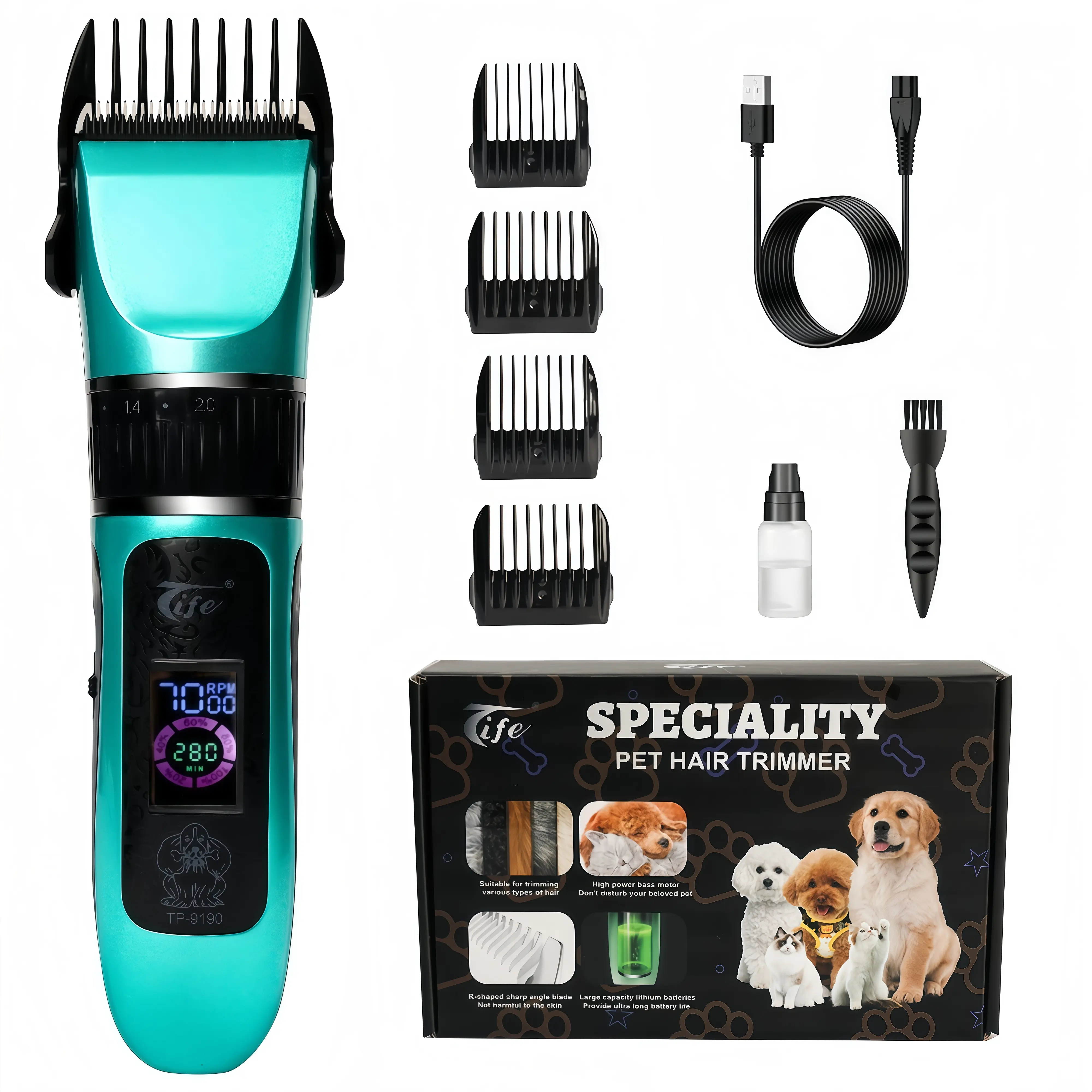 Tife Rechargeable Pet Grooming Clippers Complete Kit - ABS Plastic Cordless Quiet Waterproof Portable Tools with Vibration, 9mm & 12mm Universal Fit for Dogs & Cats, 1 Charging Cable, Easy to Clean Pet Supplies
