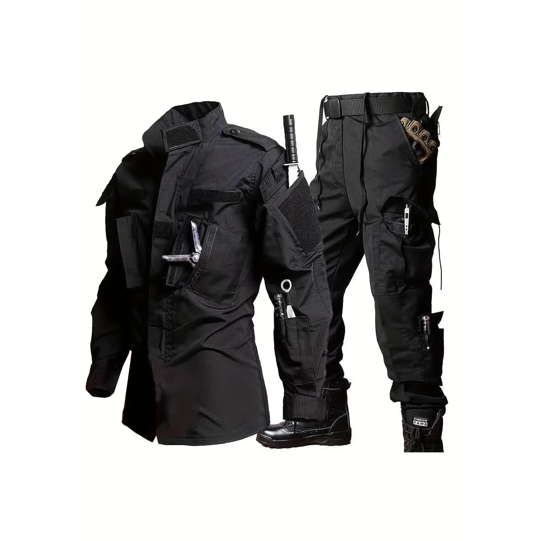 Men's Lightweight Tactical ACU Suit - Black Durable Polyester Camouflage Gear with Multiple Pockets, Long-Sleeve Jacket & Cargo Pants for Hunting, Training | Rugged Workwear & Outdoor Uniform, Regular Fit Moves Easily With You