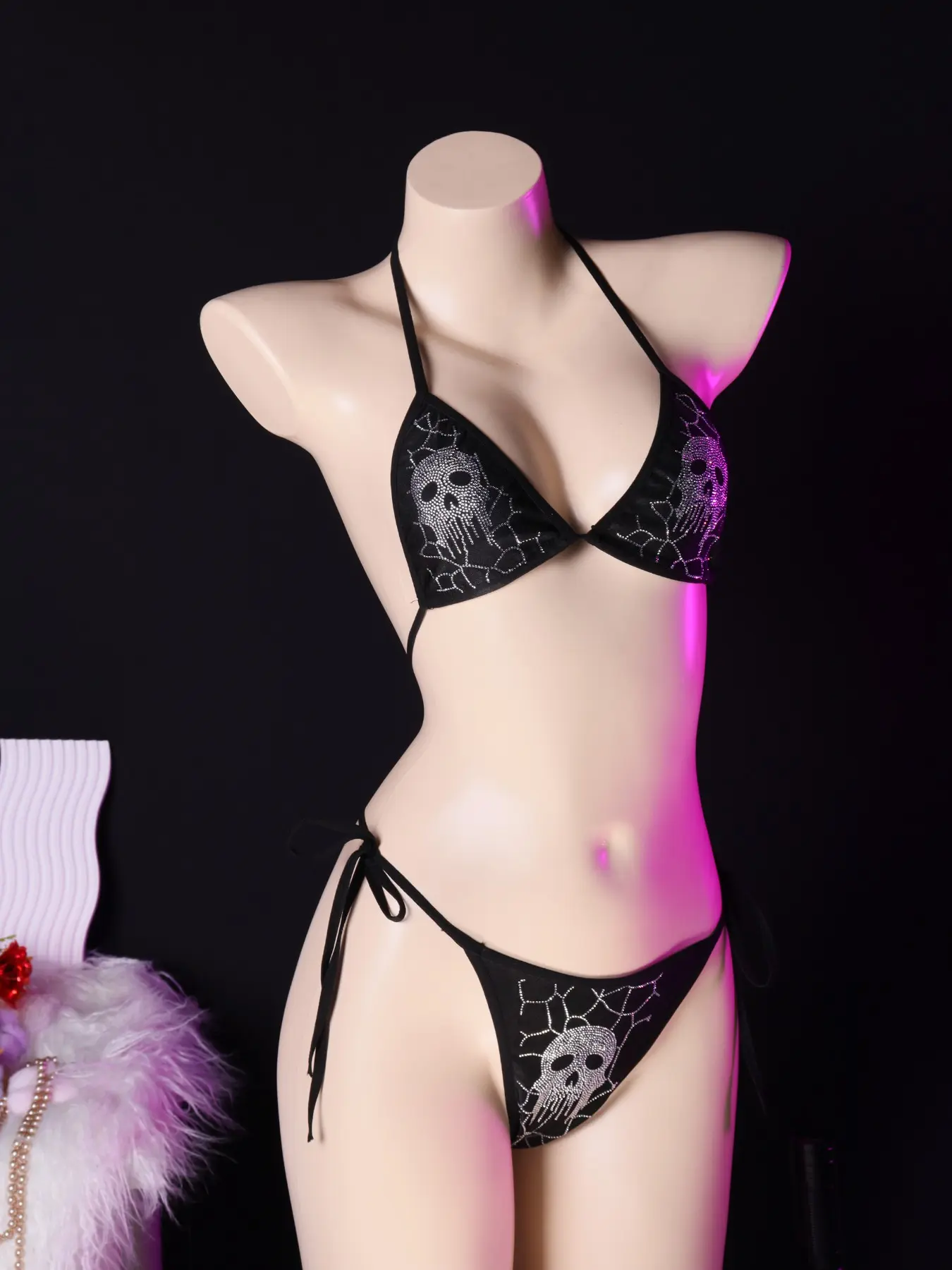 Skull Rhinestone Strap Set, Bra + Thong 2-Piece Bikini Underwear Set, Comfortable and Stylish, Gothic Bikini, Bikini Tops, Perfect for Parties, Pool, Halloween, Summer Bikini Beach