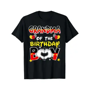 Men's Birthday Boy Grandma Matching T-Shirt - Black Crew Neck Tee with Colorful Hearts, Stars, Casual Machine-Washable Apparel for Family Birthday Party Celebrations