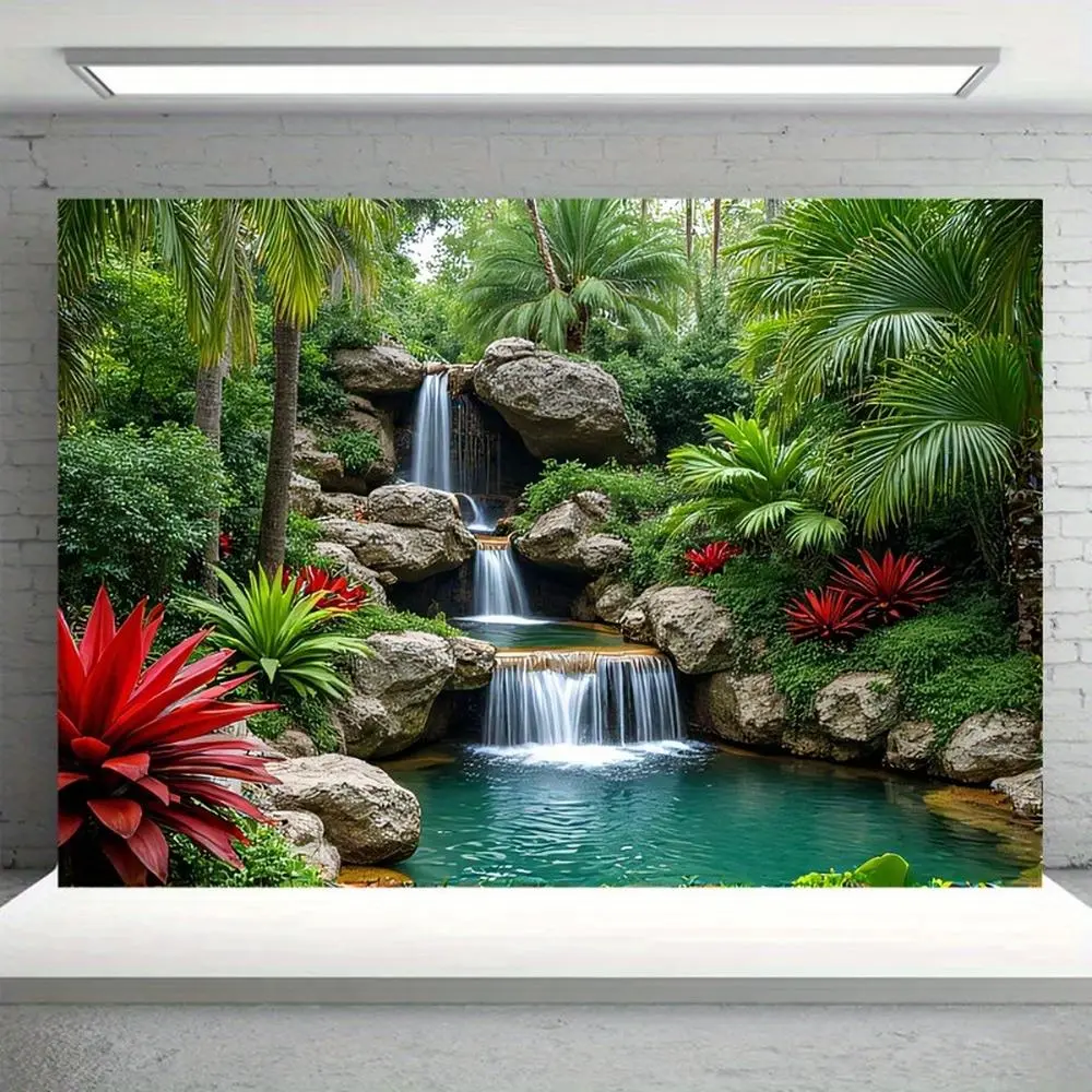 1PC 2D Flat Backdrop Tapestry Wall Hanging - Tropical Waterfall Landscape Decor with Natural Green Plants, Rocks & Flowing Water Theme - Festive Atmosphere Wall Decoration for Living Room, Bedroom
