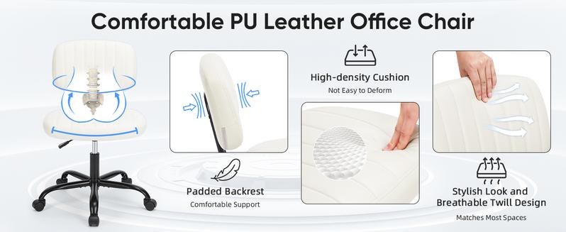 【Deal】Compact Office Chair - Height Adjustable Rolling Swivel Desk Chair with PU Leather, Armless Task Chair for Small Spaces, Home, Bedroom, Student & Vanity Use