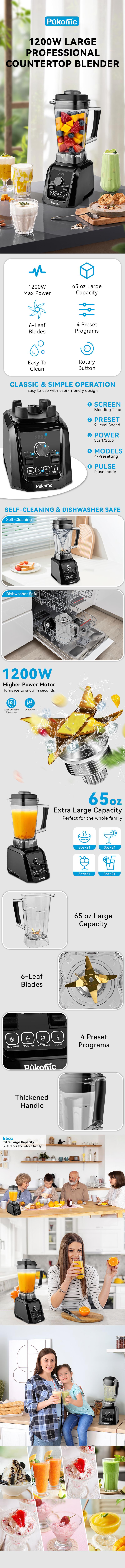 Pukomc 3-in-1 Blender with 65oz Capacity 1200W Motor 4 Preset Modes 6-Leaf Blades for Juicing Grinding Smoothies Mincing with Tamper Black Friday Powerful Juicer Machine Multifunctional Juicer Machine Fruit Vegetable Juicer Smoothieblender