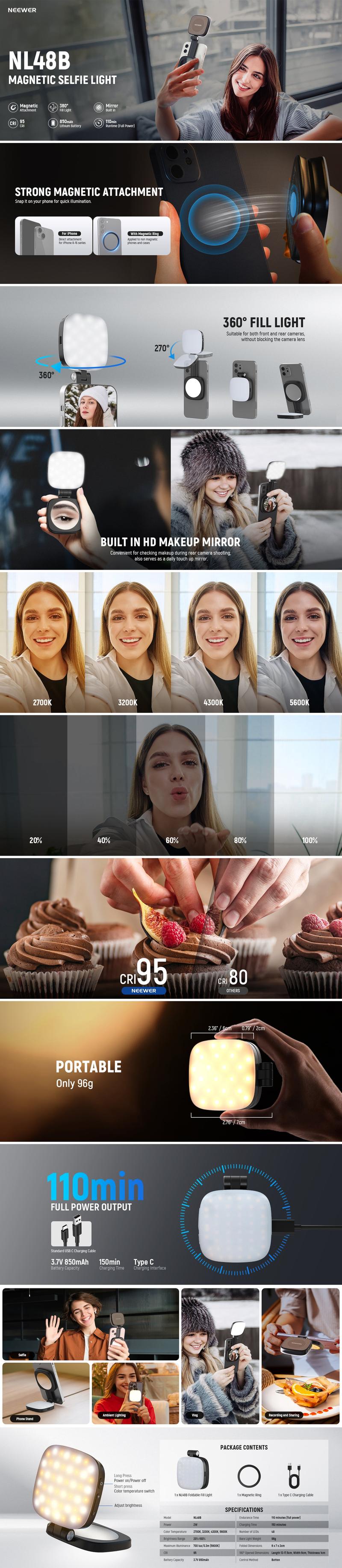 NEEWER BASIC NL48B Magnetic Selfie Light Compatible with MagSafe iPhone, Folding LED Ring Fill Light with Mirror and Stand, Portable Indoor and Outdoor Lighting for Party Makeup Selfie Photography and Video Recording