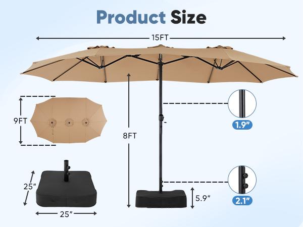 15FT Large Patio Umbrella with Base Included, Outdoor Double-Sided Rectangle Market Umbrellas with Stand and Crank, Table Umbrella with 12 Sturdy Ribs