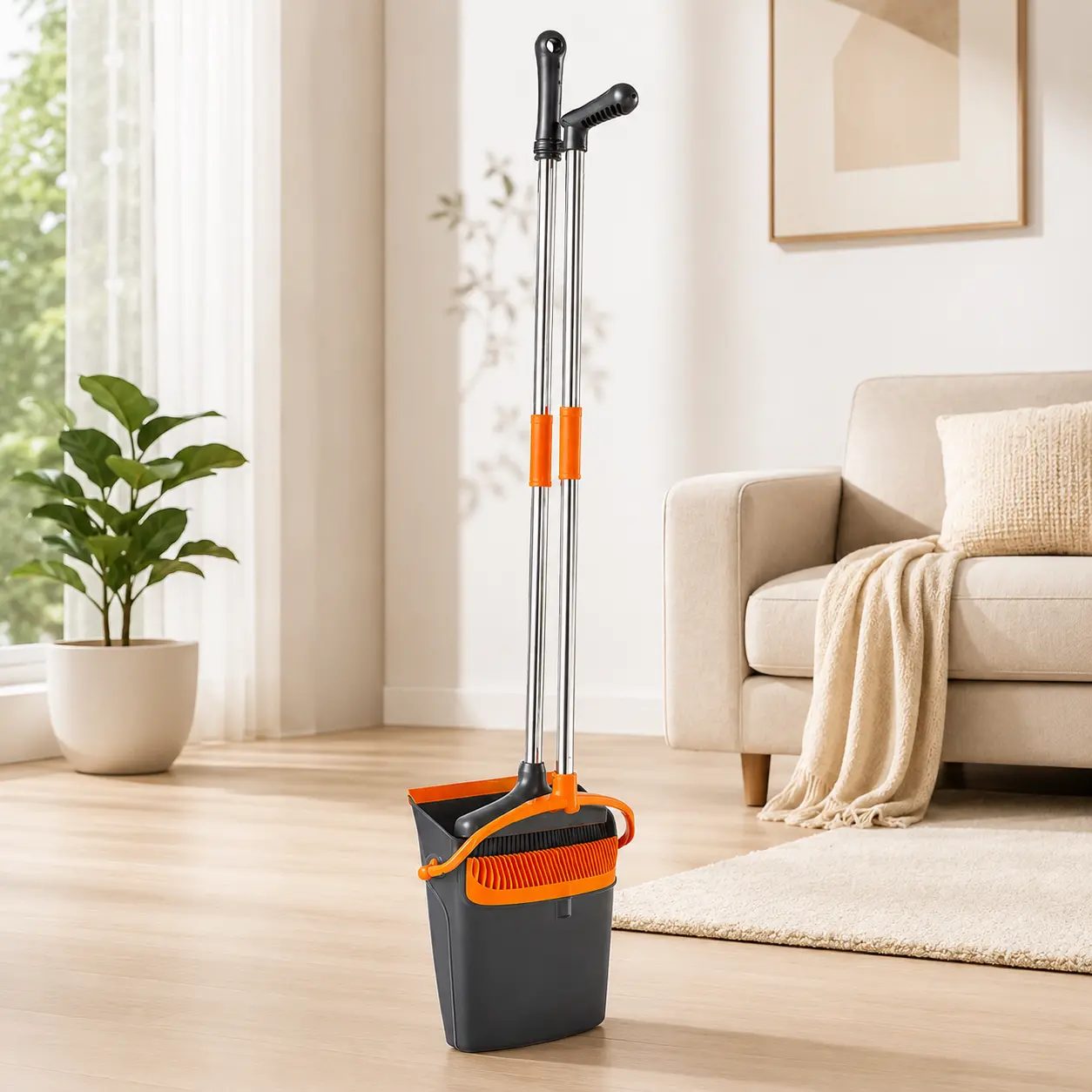Long Handle Standing Broom and Dustpan Set - Indoor-Outdoor Cleaning Tool for Households, Home Kitchen, Garage