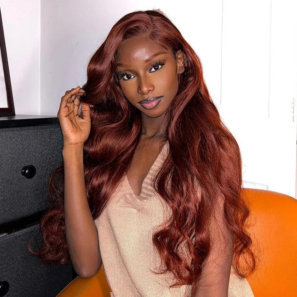 [Bling Hair ]  Reddish Brown 13x6 Lace Front Wigs 33# 4#Human Hair Pre Plucked 180% Density 13x4 Body Wave Auburn Colored Human Hair Lace Frontal Wig