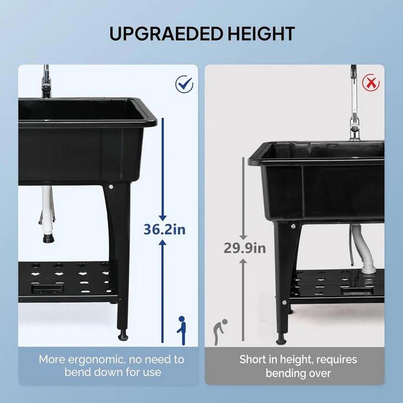 24"D x 40"W x 36"H Multi-functional Washing Sink Laundry Basin with Faucet & Shelf Plastic & Metal Feet for Laundry Room Garage Utility Sink with Drainboard Movable Storage Shelf