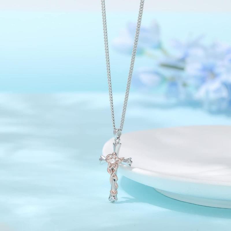 Cross Rose Flower Necklace for Women Elegant Temperament Pendant Necklaces Jewelry for Teen Valentine's Day Birthday Anniversary Gifts for Ladie Wife