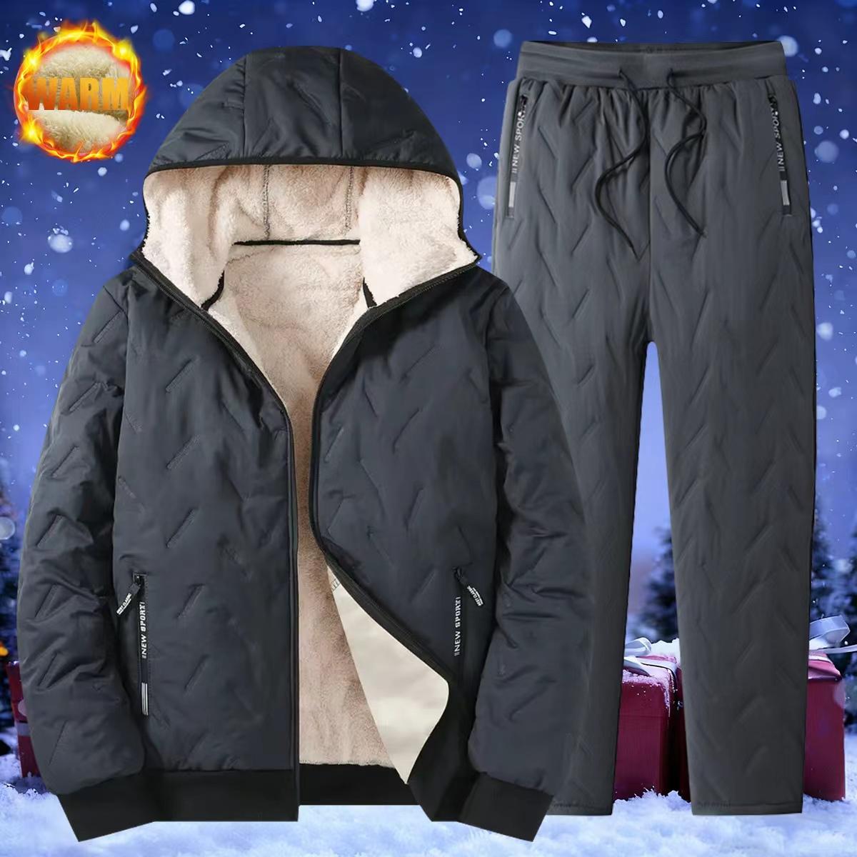 Men’s Casual Cotton Jacket and Pants Set - Autumn/Winter Hooded Long Sleeve Straight Leg Winter Coat with Plush Lining and Polyester Fiber Fabric Stand Collar Pocket - Perfect as a Christmas Gift thick comfort