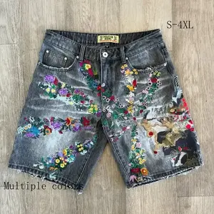 American Fashion Embroidered Denim Shorts Harajuku Hip-Hop High Street Denim Shorts Trendy Street Y2K Denim Shorts Men Clothing Can be used with a raincoat