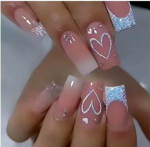 Heart Press On Nails Medium Square Fake Nails Glitter Glossy Acrylic False Nails with Rhinestones Designs Ombre Pink Full Cover Press Ons Fall Winter Holiday Stick on Nails for Women 24Pcs