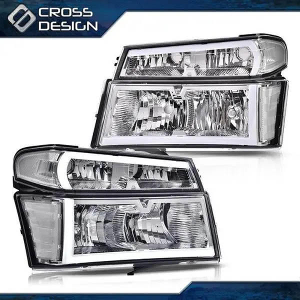 CROSSDESIGN 4PC Durable Chrome LED Tube Vehicle-Specific Fit Headlight Assemblies - Water-Resistant LED Headlight Assembly for 2004-2012 Chevy Colorado, GMC Canyon, Isuzu Car Lights, Heat Resistant, Safety