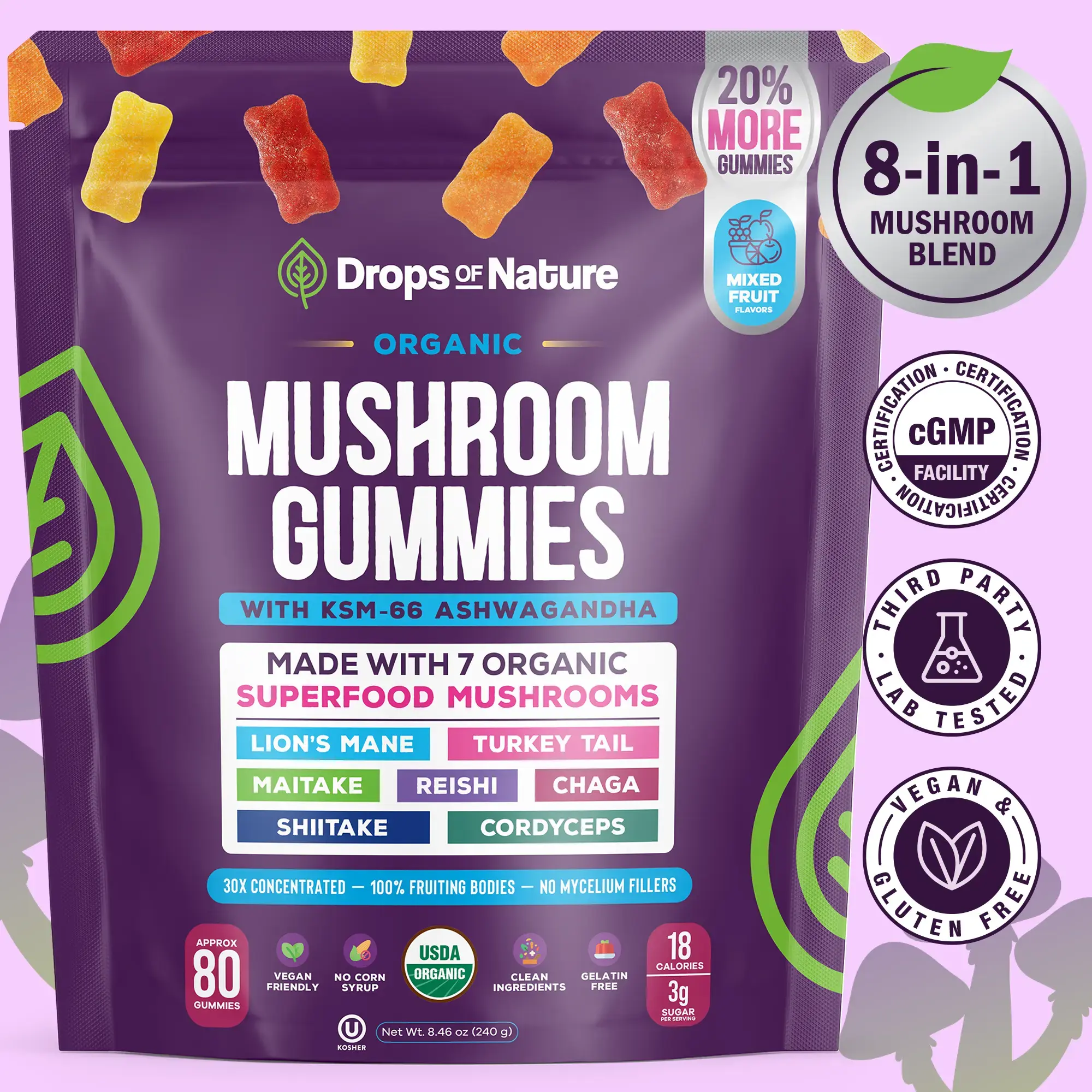 Drops Of Nature Mushroom Gummies| Ashwagandha KSM-66, Lion's Mane, Shiitake, Turkey Tail, Reishi, Maitake, Chaga, Cordyceps| Vegan Mushroom Supplement| Mixed Fruit, 80 Gummies