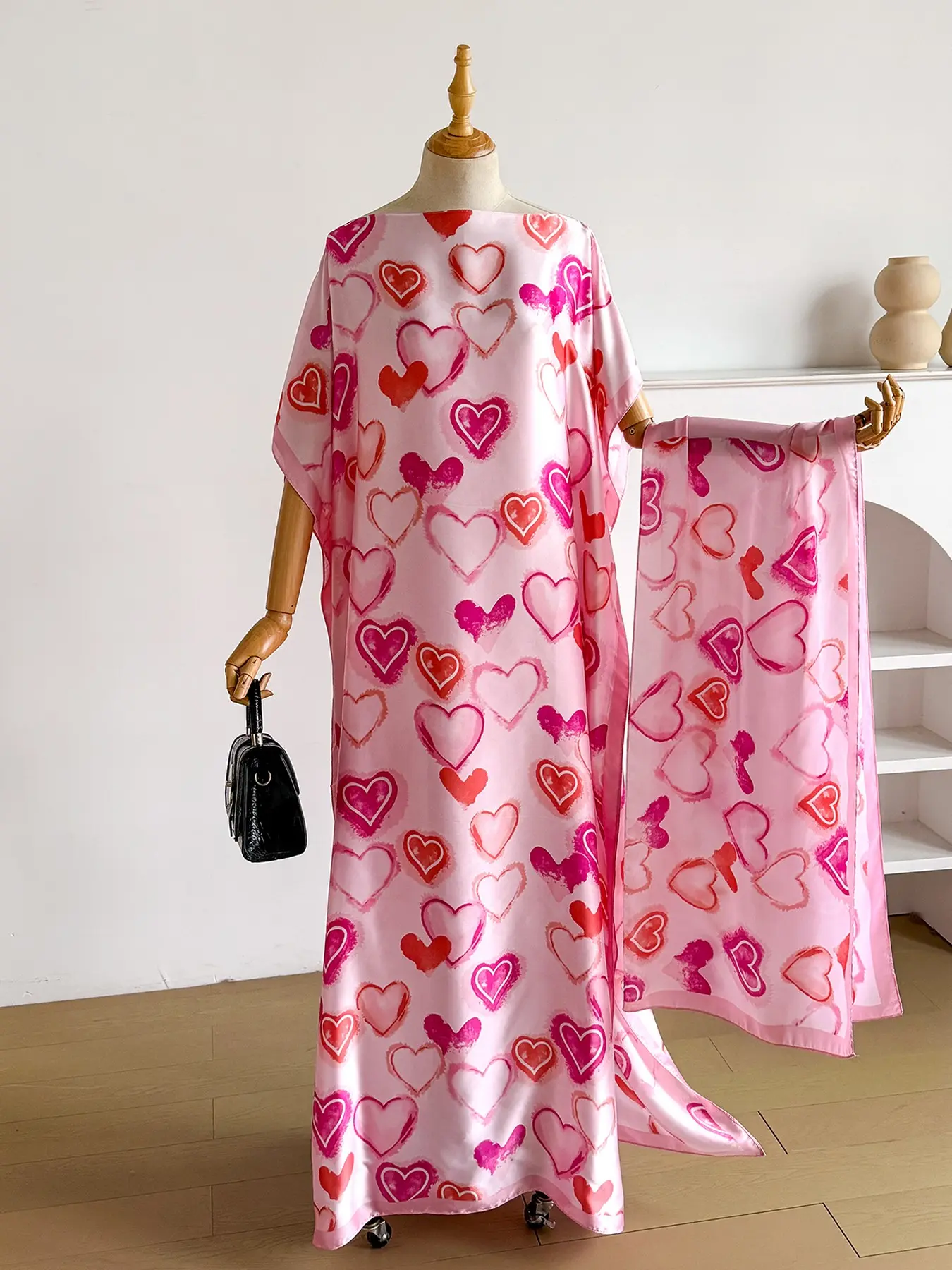 Women's Elegant Floral Pattern Robe Set, Long Dress + Headscarf Scarf Hairband, Beach Sun Protection Satin Shawl