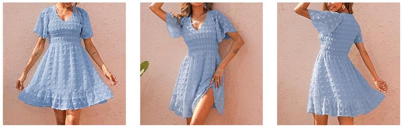 BTFBM Women's V Neck Casual Vacation Dress Short Sleeve Smocked Swiss Dot Ruffle Mini Beach Summer Dress 2026