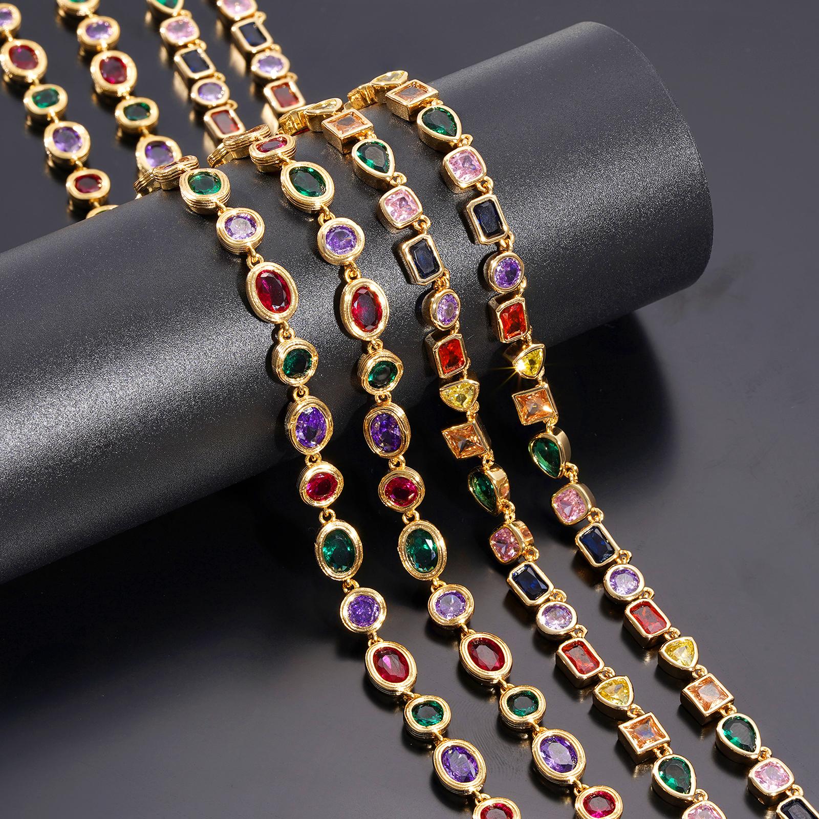 Turandoss 14K Gold Plated Rainbow Tennis Necklace - Unisex Colorful CZ & Emerald Gemstone Chain - 15+3.5” Adjustable Choker - Perfect Birthday Gift for Him & Her