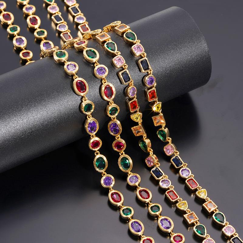 Turandoss 14K Gold Plated Multicolor Gemstone Tennis Necklace – Colorful CZ & Emerald Chain, Adjustable, Stylish Gift Jewelry for Him & Her