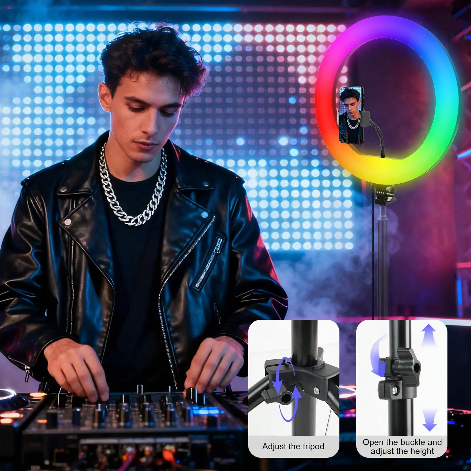 12-Inch RGB Ring Light with 1.1m Metal Phone Tripod Stand (63in Equivalent), Dual Phone Holders - 48 RGB Modes, 12 Dimmable Brightness Levels, Adjustable Light Modes - Smartphone Makeup/Photography Accessory, Father's Day Gift Option