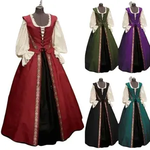 Medieval Renaissance Style Square Collar Waist Cinching Full Skirt Two Piece Set Dress Empire Waistline Young Women's Basic Minimalist Black Green Purple Teal Gamis Costume Clothes