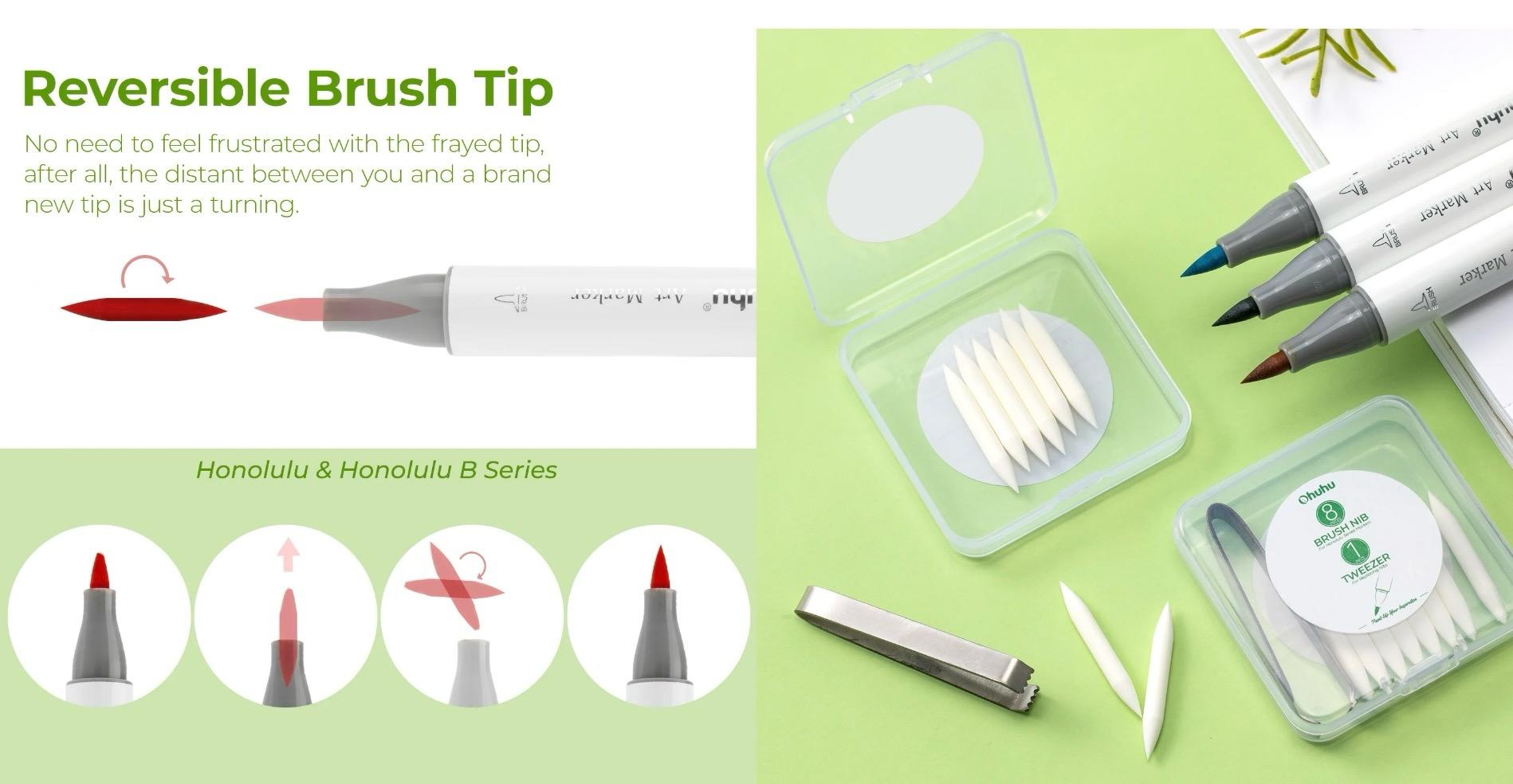 Ohuhu Markers Replacement Super Brush Nibs of Honolulu & Honolulu B Series - Pack of 8 - A Tweezer included - Comes in A Storage Box