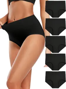 5pcs Women'S High-Waist Full Coverage Panties | Solid Color, Easy Breathable Elastic Fitted Underwear, Mid Rise Style