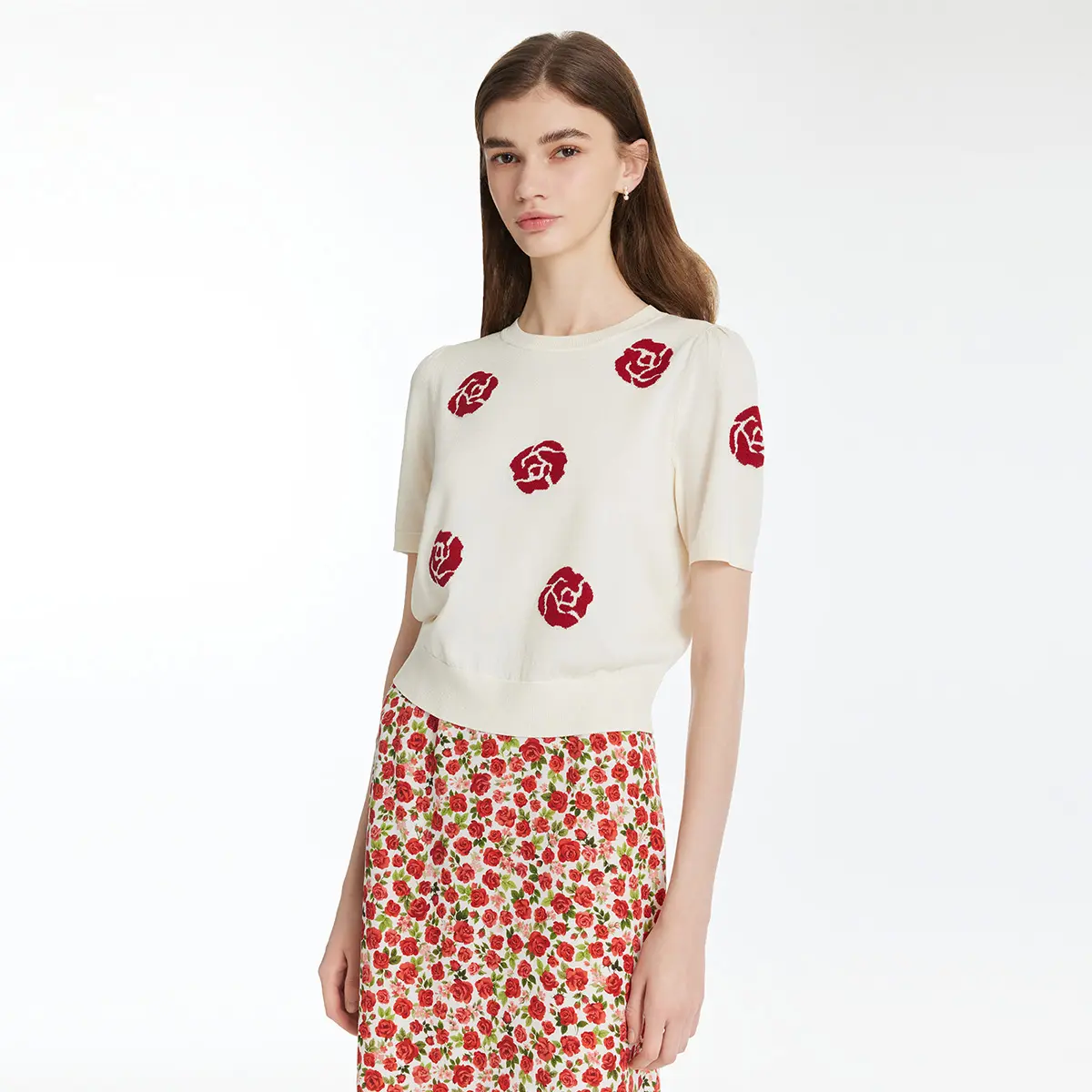 GOELIA Women's Tencel 03J Red Jacquard Loose Short-Sleeve Knit Top, Women's Clothes