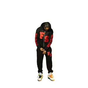 FOREVER SITUATED RHINESTONE SWEATSUIT Black red